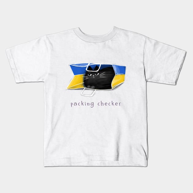 Cartoon black cat in the package and the inscription "Packing Checker". Kids T-Shirt by Olena Tyshchenko